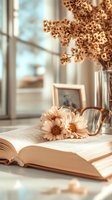 Open book with daisies and reading glasses on windowsill, dried flowers in vase, and photo frame creating cozy nostalgic atmosphere in warm beige tones.