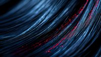 Glowing red light streams through dark blue fiber optic cables creating dynamic curved lines and technology background pattern for communication concepts.