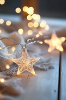 Glowing star-shaped string lights on rustic wooden surface with soft bokeh background, creating cozy festive atmosphere for holiday decorating.