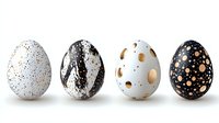 Decorative eggs with modern metallic speckled patterns in white, black and rose gold colors on isolated background. Luxury Easter design elements.