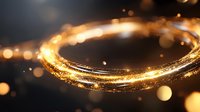 Glowing golden light trail with sparkling particles and bokeh effects on dark background creates magical atmosphere for festive designs and celebrations.