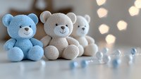 Handmade crochet teddy bears in blue and beige colors sitting in row with bokeh lights background and decorative beads, soft focus nursery decor.