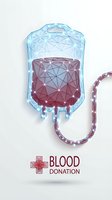 Geometric low poly blood donation bag with red cross symbol and tubing for medical healthcare charity campaign poster design on white background.