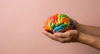 Colorful rainbow brain model held in cupped hands against pink background representing mental health awareness, psychology education and cognitive wellness.