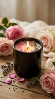 Luxury scented candle with rose petals and lavender on rustic wooden table surrounded by pink roses creating romantic spa atmosphere for relaxation and aromatherapy.