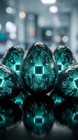 Dark futuristic eggs with glowing teal circuit board patterns and microchip designs on reflective surface in high-tech laboratory setting.