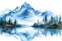 Serene mountain lake landscape with snow-capped peaks reflected in calm waters, surrounded by pine forest in soft blue watercolor style. Peaceful wilderness scene.
