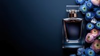 Luxury men cologne bottle with colorful ranunculus flowers on dark background for fragrance advertising and cosmetic product promotion.