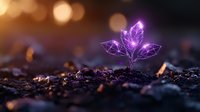 Glowing purple neon plant sprout emerging from dark soil with bokeh light effects in background, representing growth, technology and nature fusion.