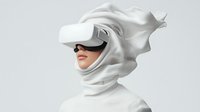 Person wearing white virtual reality headset with flowing fabric, isolated on white background for design, technology, and innovation concepts.