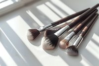 Professional makeup brushes with wooden handles arranged on white surface with natural window light casting soft shadows.