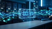 Digital countdown timer displaying 00:30 with glowing blue holographic interface and flowing data streams in futuristic technology environment.