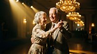 Senior couple dancing together at elegant ballroom event with golden chandeliers and warm lighting, celebrating special occasion or anniversary in formal attire.