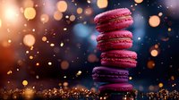 Stack of colorful macarons with golden bokeh lights creating festive atmosphere for dessert photography and culinary marketing materials.