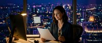 Young woman of East Asian descent working late at night in modern office with cityscape view, holding laptop and smiling while reviewing documents for business projects.