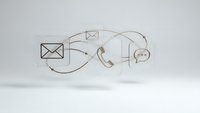 Modern communication icons with email phone and chat symbols connected by flowing lines on clean white background for business contact concepts.