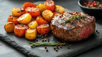Juicy grilled beef steak with roasted colorful cherry tomatoes and rosemary served on black stone plate. Medium rare meat with spices and herbs.