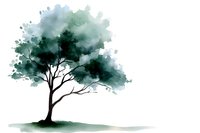 Minimalist watercolor tree silhouette in green and teal shades against white background, showing delicate brushwork and misty foliage effect. Suitable for wall art and stationery.