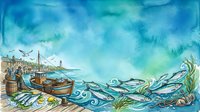 Watercolor fishing harbor scene with wooden boat, fishermen on dock, fresh catch, and swimming fish in turquoise ocean waves with seaweed.