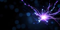 Glowing electric discharge with purple and blue light rays on dark background, energy plasma effect with luminous particles and bokeh for science design.