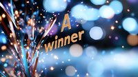 Glowing golden text winner with sparkling light effects and bokeh circles on dark blue background, celebration atmosphere with bright sparkles.