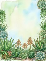 Watercolor succulent frame with aloe, echeveria and string of pearls plants creating decorative border on soft pastel background for botanical designs.