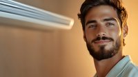 Young Hispanic man with beard and charming smile looking up at air conditioner in modern apartment interior, warm lighting creates cozy atmosphere.