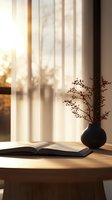 Open book and dried flowers in black vase on wooden table near window with sunlight casting shadows through curtains, creating cozy reading atmosphere.