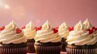 Row of chocolate cupcakes with vanilla buttercream frosting topped with red heart decorations on pink background for Valentine's Day celebrations.