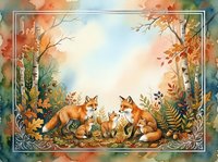 Watercolor fox family in autumn forest with decorative border frame for seasonal greeting cards and nursery decor.