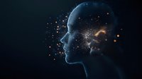 Futuristic digital human profile with glowing particles and cosmic elements against dark background, representing artificial intelligence and consciousness.