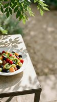 Fresh mixed fruit salad with kiwi, berries, and melon served in white bowl on outdoor table under green foliage, ideal for healthy eating and summer dining content.