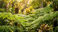 Lush green fern fronds in tropical forest with dappled sunlight filtering through canopy, creating natural woodland atmosphere for nature and botanical design projects.