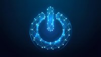 Digital power button icon with glowing blue wireframe design and connected dots on dark background for technology interfaces.