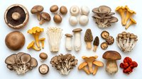 Assorted fresh mushroom varieties including shiitake, oyster, chanterelle, enoki, and morel arranged on white background for culinary and cooking concepts.