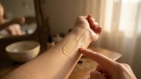 Young adult female hand demonstrating sunscreen application on forearm, with natural window light illuminating skin texture. Suitable for skincare, sun protection, and beauty product marketing.