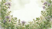 Botanical frame with purple flowering plants and green foliage on cream background, isolated design element suitable for invitations, cards, and decorative projects.