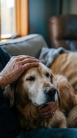 Senior person gently petting golden retriever dog at home showing companionship and unconditional love between elderly owner and loyal pet.