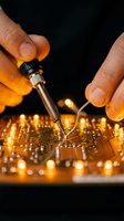 Technician hands using soldering iron on electronic circuit board with warm lighting for repair and maintenance work.