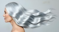 Silver-haired woman with long, flowing wavy hair in profile against neutral background. Suitable for hair care, beauty, aging gracefully, and salon marketing materials.