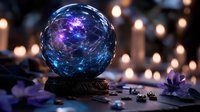 Mystical crystal ball with glowing purple and blue galaxy swirls on ornate stand, surrounded by lit candles and purple flower petals in dark atmospheric setting.
