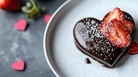 Heart-shaped dark chocolate dessert topped with fresh sliced strawberries and powdered sugar on white plate, romantic food styling against dark background.