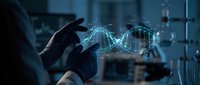Scientist hands manipulating holographic DNA double helix structure in modern laboratory with glowing blue digital genetic code visualization for biotechnology research.