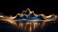 Abstract golden mountain range visualization with glowing particles and light reflection on dark background, digital wave spectrum for music or sound concept.