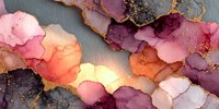 Abstract alcohol ink artwork with flowing organic shapes in pink, purple, orange and gold tones on textured background for modern interior design projects.
