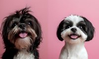Two happy Shih Tzu dogs with tongues out smiling against pink background, black and white colored puppies showing friendly expressions and fluffy fur.
