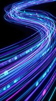 Dynamic fiber optic cables with glowing data streams in purple and blue neon colors creating flowing light trails on black background for technology concepts.