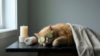 Orange tabby cat relaxing with spa cucumber eye mask on dark table beside candle and towels in serene wellness setting for stress relief and relaxation.
