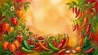 Colorful fresh peppers and preserved vegetables arranged on warm golden background with copy space for culinary, recipe, and food packaging designs.