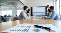 Business team analyzing financial data charts and graphs during corporate meeting in modern office conference room with reports on table.